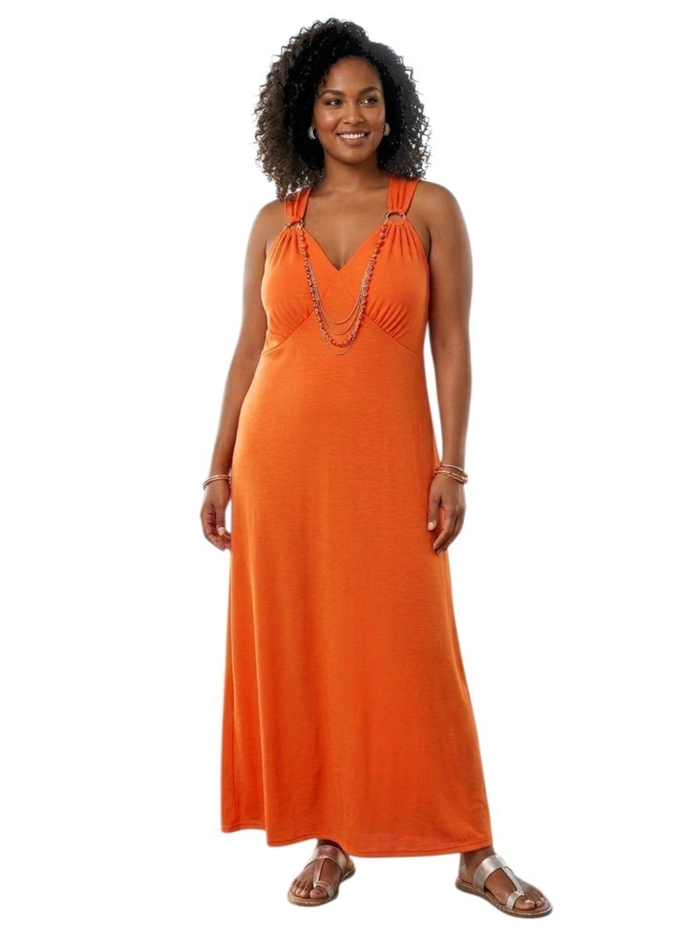 Plus-Size V-Neck Orange Maxi Dress with Gathered Straps